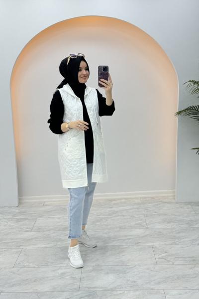 Rugan Detaylı Kapitone Yelek Beyaz