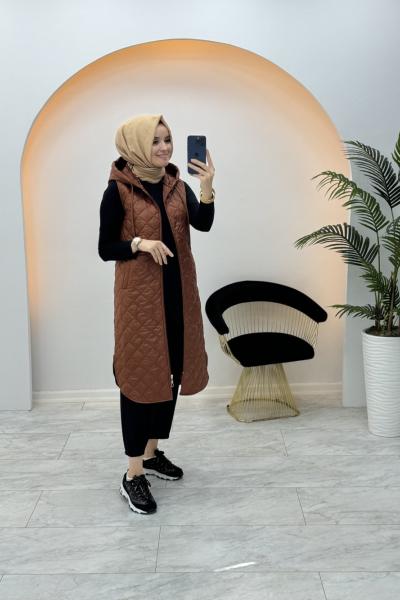 Baklava Desen Kapitone Yelek Kahverengi