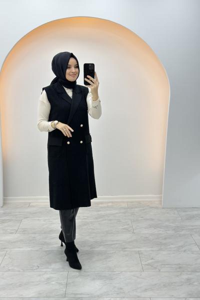 Kıvırcık Kumaş Ara boy Yelek Siyah