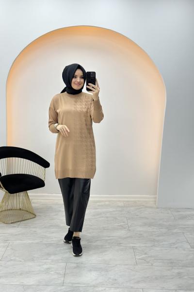 Kaz Ayağı Desen Merserize Tunik Vizon