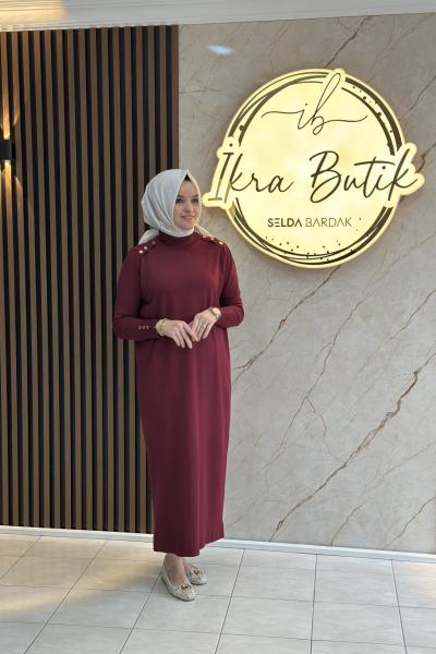 Gold Düğmeli Merserize Elbise Bordo