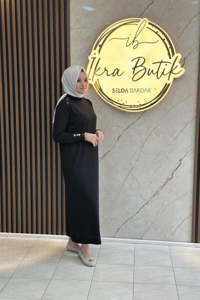 Gold Düğmeli Merserize Elbise Siyah