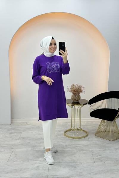 Önü Taş Detaylı Swet Mor