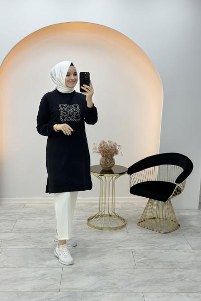 Önü Taş Detaylı Swet Siyah