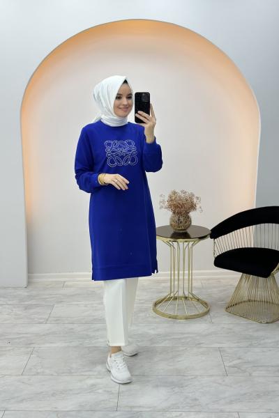 Önü Taş Detaylı Swet Saks Mavisi