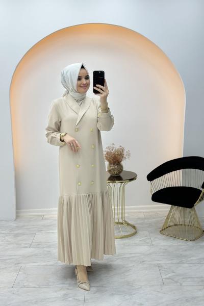 Kravuze Yaka Elbise Krem