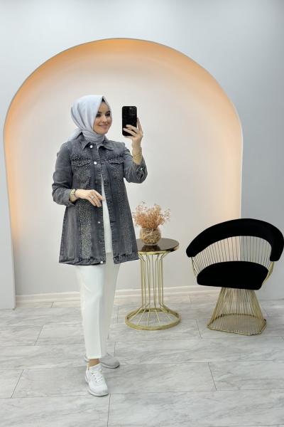 Taşlı Kot Ceket Gri