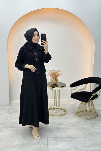 Güpür Detaylı Etekli Takım Siyah