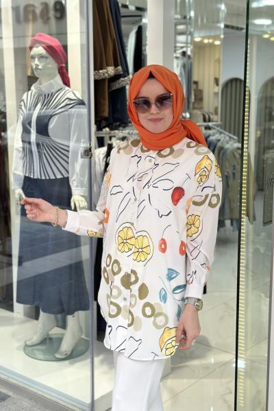 Ege Desenli Gömlek Ekru Turuncu