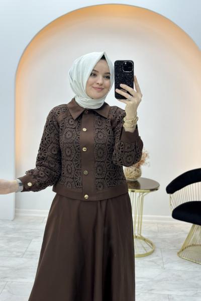 Güpür Detaylı Etekli Takım Kahverengi