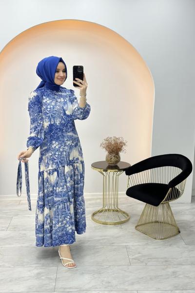 Merwish Baskı Elbise Mavi
