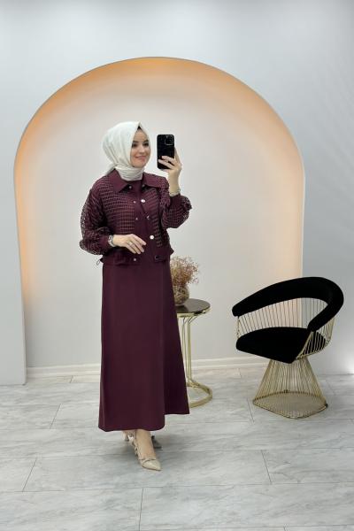 Fileli Qupra Elbise Bordo