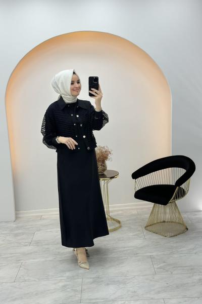 Fileli Qupra Elbise Siyah