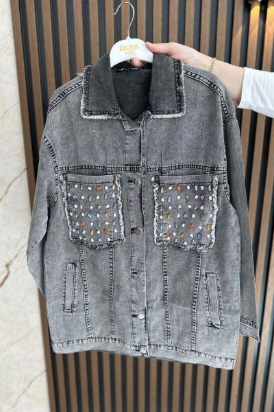 City Taş Detaylı Kot Ceket Gri