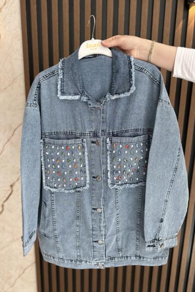 City Taş Detaylı Kot Ceket Mavi