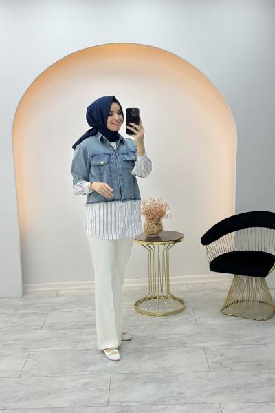 Gömlek Detaylı Kot Ceket Mavi