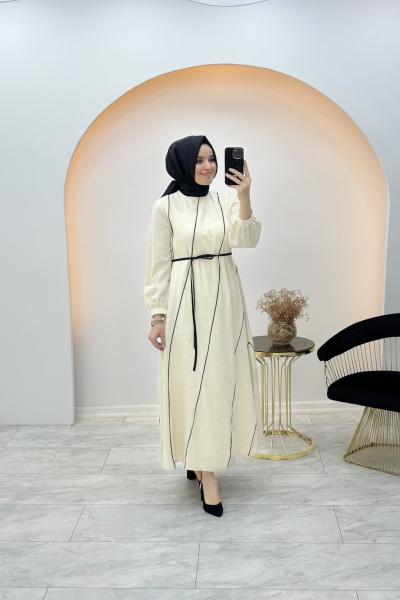 Pamuk Keten Elbise Krem