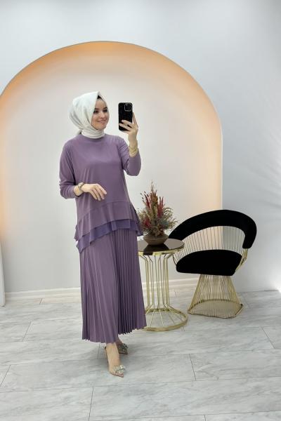 Gizem Şifon Detaylı Etekli Takım Lila
