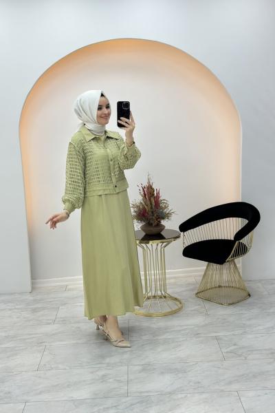 Fileli Qupra Elbise Yeşil