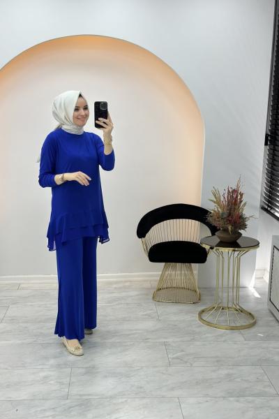 Gizem Şifon Detaylı Pantolon Takım Saks Mavisi