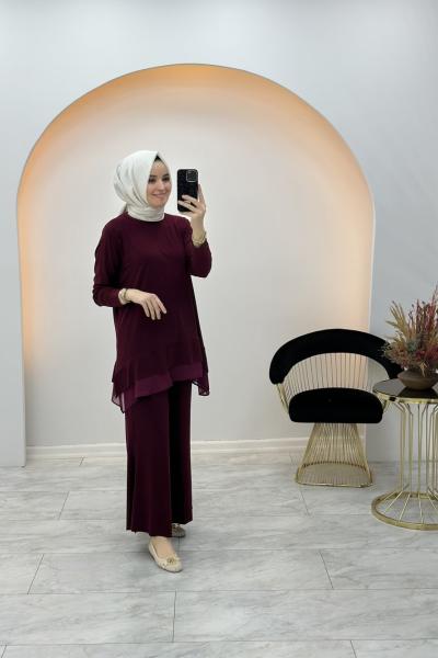 Gizem Şifon Detaylı Pantolon Takım Bordo