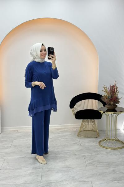 Gizem Şifon Detaylı Pantolon Takım Mavi