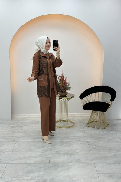 File Detaylı Üçlü Takım Kahverengi