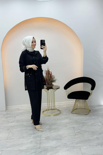 File Detaylı Üçlü Takım Siyah