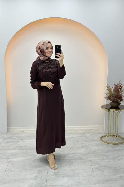 Efraze Pamuk Viskon Elbise Kahverengi