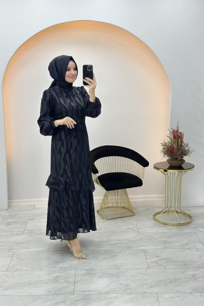 Özel Efekli Baskı Şifon Elbise Siyah