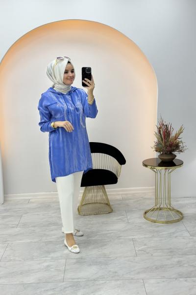 İtalyan Jakarlı Pamuk Tunik Mavi