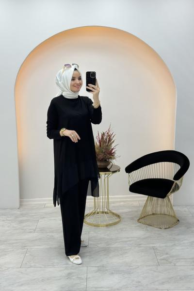 Efraze Şifon Detaylı Takım Siyah