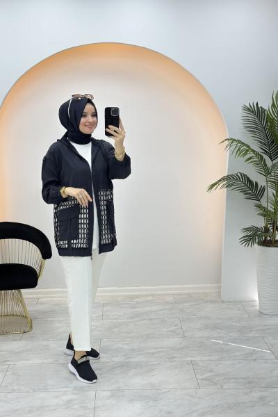 Fİle Detaylı Paraşüt Kap Siyah