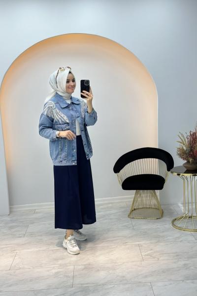 Taş Detaylı Kot Ceket Mavi