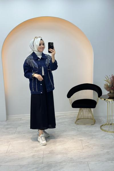 Taş Detaylı Kot Ceket Lacivert