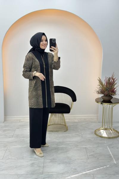 Armine Leopar Desen Takım Siyah Kahverengi
