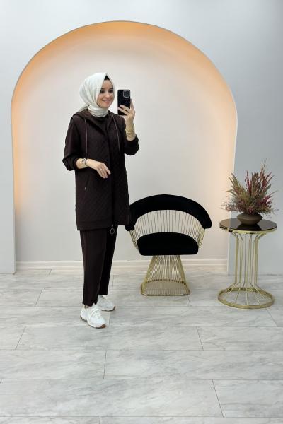 Kapitone Üçlü Takım Kahverengi