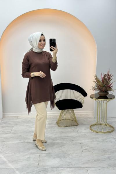 Yandan Şifonlu Tunik Kahverengi