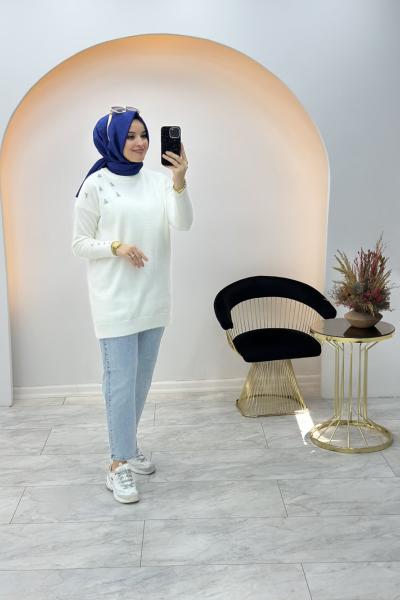 Taşlı Yumoş Tunik Beyaz