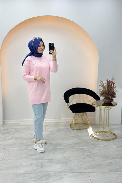 Taşlı Yumoş Tunik Pembe