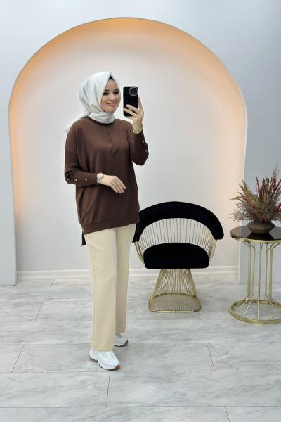 Düğme Detaylı Merserize Tunik Kahverengi