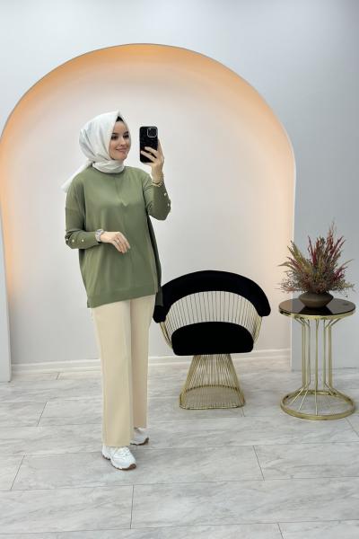 Düğme Detaylı Merserize Tunik Haki