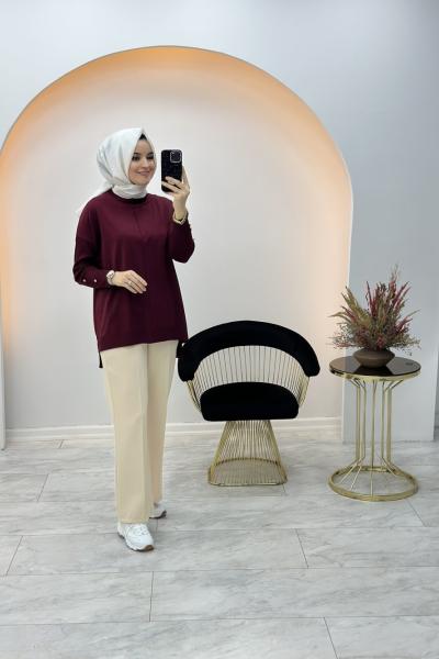 Düğme Detaylı Merserize Tunik Bordo