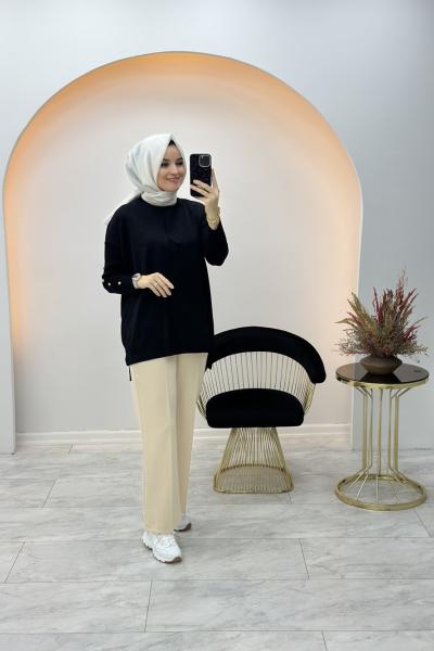 Düğme Detaylı Merserize Tunik Siyah