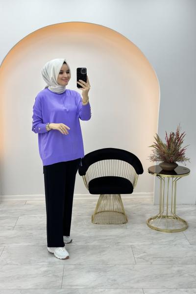 Düğme Detaylı Merserize Tunik Lila