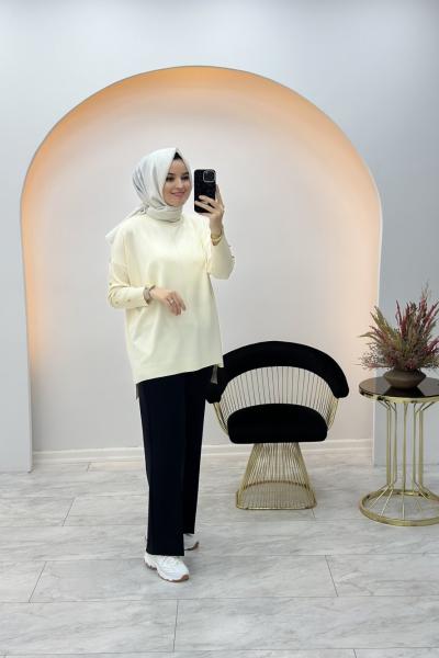 Düğme Detaylı Merserize Tunik Ekru