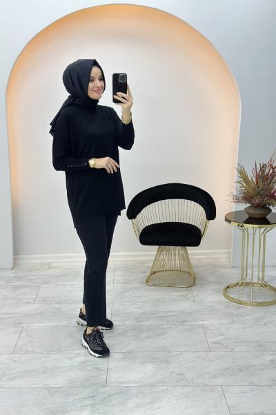 Basıc Düğme Merserize Tunik Siyah