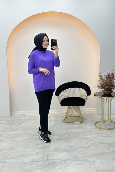 Basıc Düğme Merserize Tunik Mor