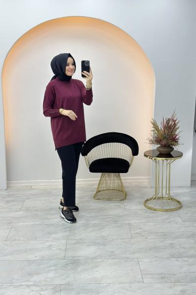 Basıc Düğme Merserize Tunik Bordo