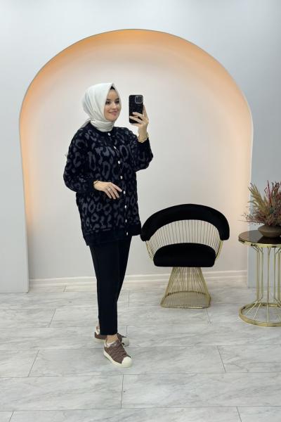 Leopar Desen Hırka Siyah